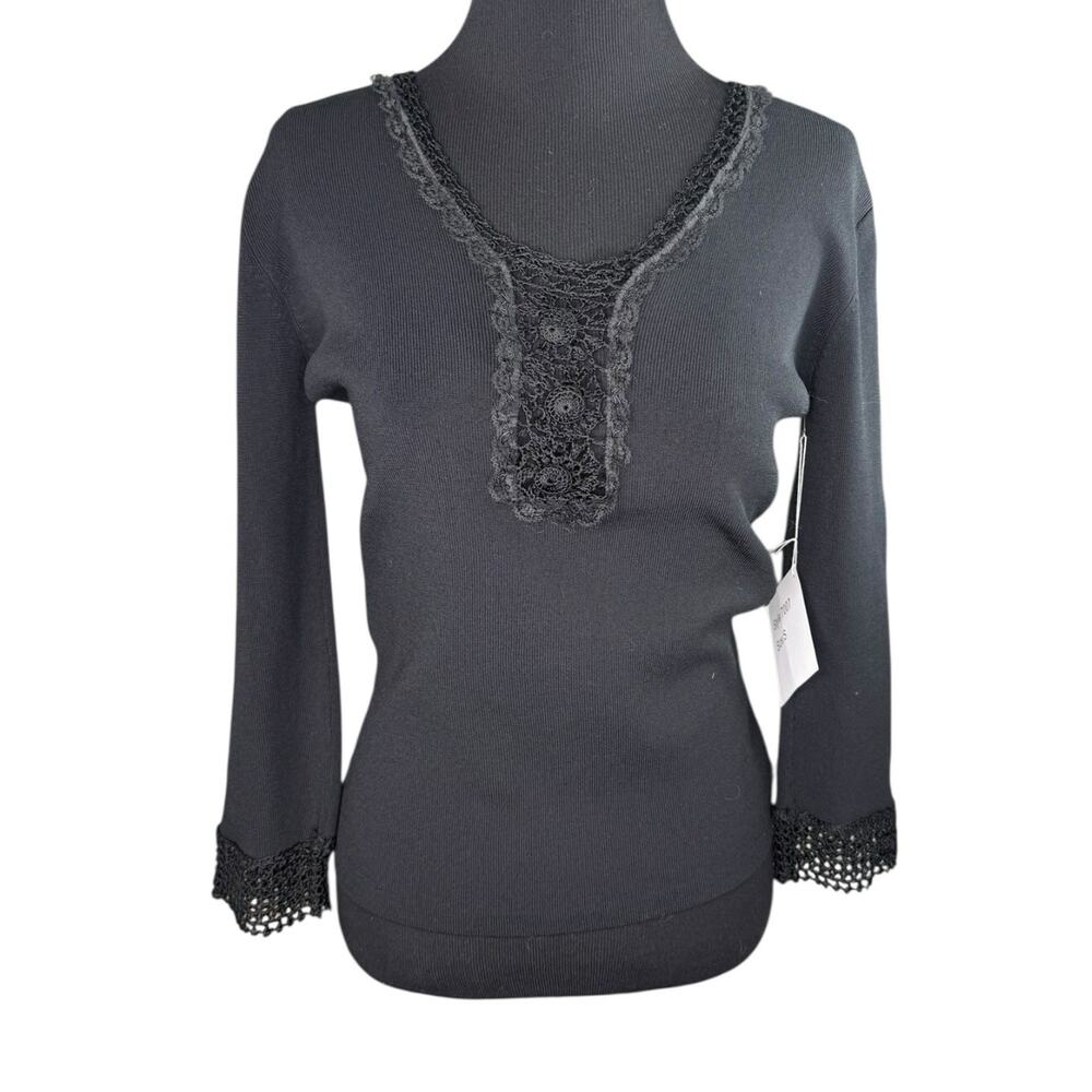 Vtg Black V-Neck Crochet Lace Coquette Top Dark Fairy Goth NWT